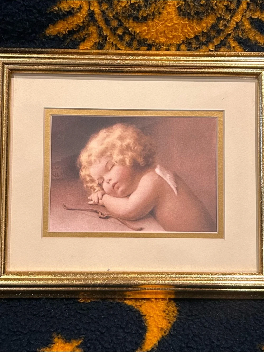 VTG 90s Celestial Sleeping Cherub Angel Framed Print Cupid Caught Napping Decor